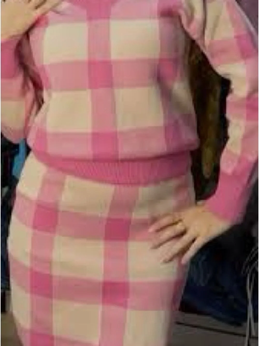 Pink & Cream Gingham Knit Sweater Set